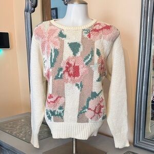 Vintage Chysantheme Medium Floral Knit Sweater - Cream and Pink